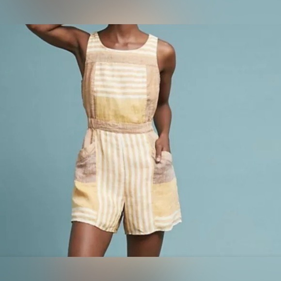 Anthropologie Pants - Anthropologie ettitwa linen Sleeveless romper neutral tan gold cream pockets 14